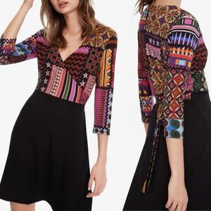 Desigual Art Deco V-Neck Flare Dress Womens Size Medium 3/4 Sleeve 19SWVKXS Boho